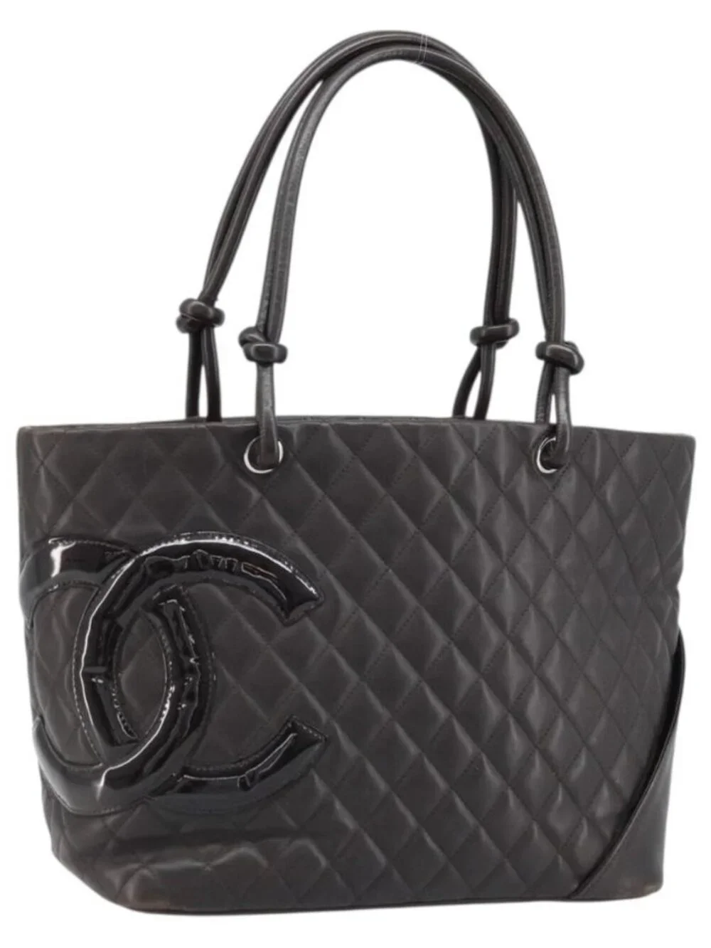 CHANEL Cambon Line Matelasse Tote Bag Leather Brown Silver CC Auth 170655